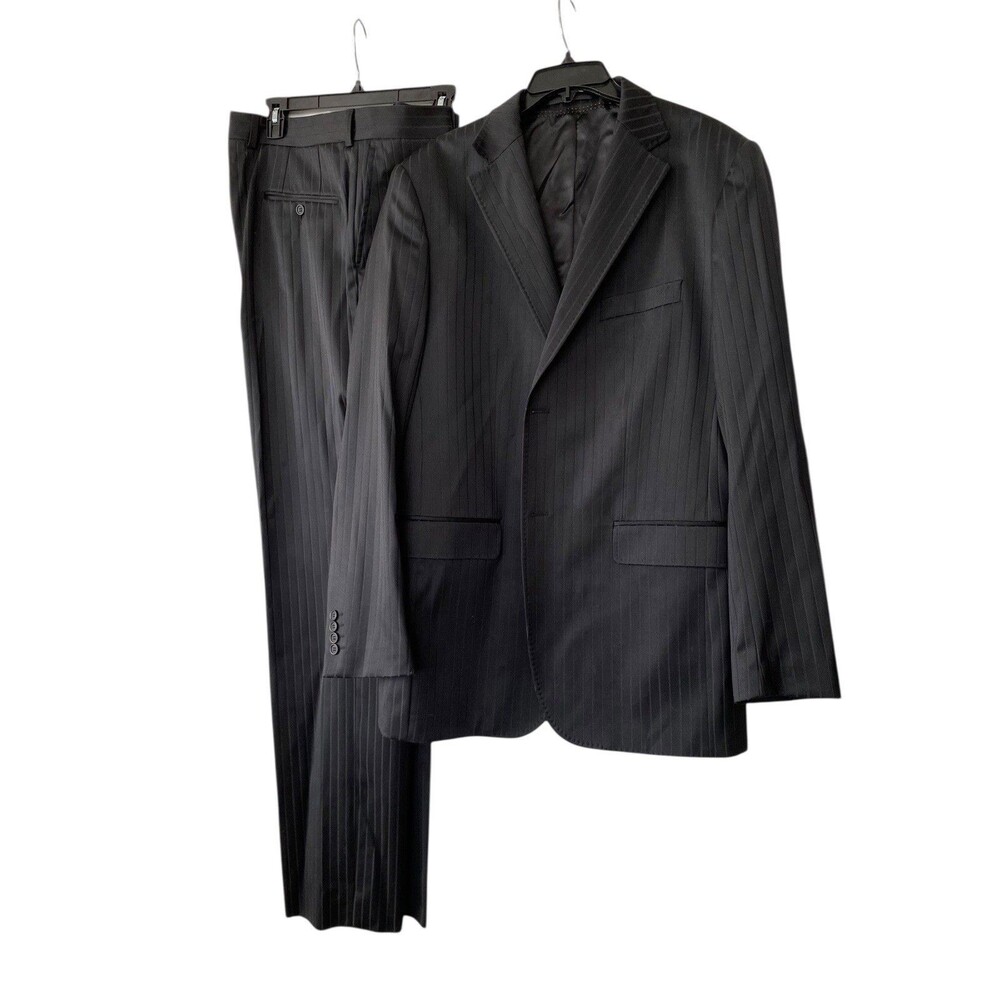 Ted Baker Endurance Mens Suit 44L Jacket, 38 Trousers Black Pinstripe, %80 Wool